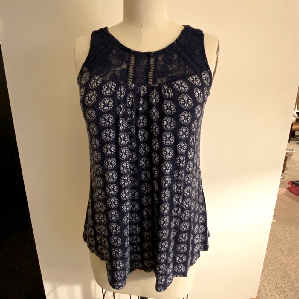 Navy Blue Tank-Top with Lace Accents